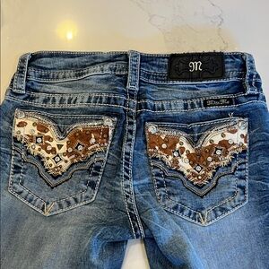 Miss Me Blue Boot Cut Jeans with Brown and White Embellishments